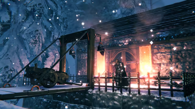 Screenshot of a lowered wooden drawbridge spanning a snowy moat at night, a cart parked on its deck and a torchlit stone gatehouse behind