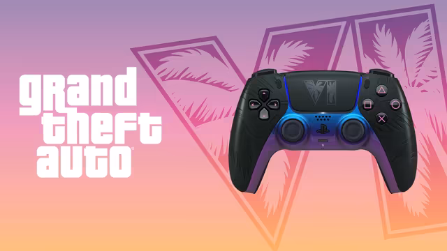 A black PlayStation DualSense controller with leaf patterns molded into its grips, pink face-button symbols, and a center strip shading from blue to purple, with the game's palm-tree logo on its touch pad, shown beside a large white Grand Theft Auto logo over the game's numerals on a purple, pink and orange gradient.