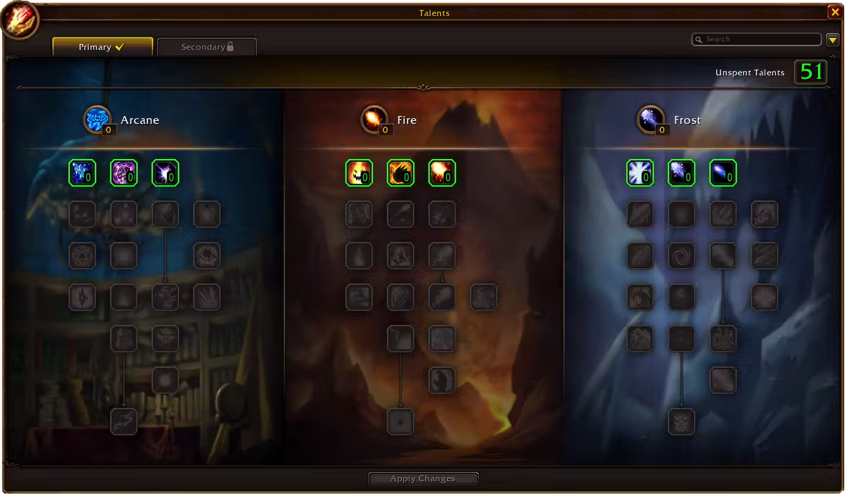 A Talents window with a Primary tab and a locked Secondary tab, and a counter reading Unspent Talents 51. Three columns of square talent icons sit on painted backgrounds: Arcane over a blue library, Fire over orange flames and Frost over icy blue peaks, with the first row of each tree lit in green and the rest grayed out above an Apply Changes button.
