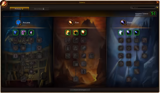 A Talents window with a Primary tab and a locked Secondary tab, and a counter reading Unspent Talents 51. Three columns of square talent icons sit on painted backgrounds: Arcane over a blue library, Fire over orange flames and Frost over icy blue peaks, with the first row of each tree lit in green and the rest grayed out above an Apply Changes button.