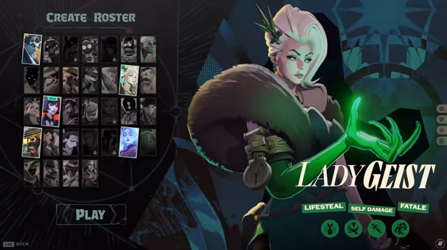 A game menu with a grid of hero portraits at the left and a painted pale woman with a high white hairdo, a fur stole and a glowing green hand at the right, the name Lady Geist written beside her over three green labels.