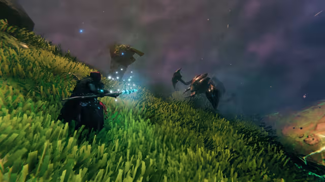 In-game screenshot: two dark, beetle-like Seekers with raised pincers rush downhill towards a cloaked Viking holding a glowing weapon, with mist and a black crag behind