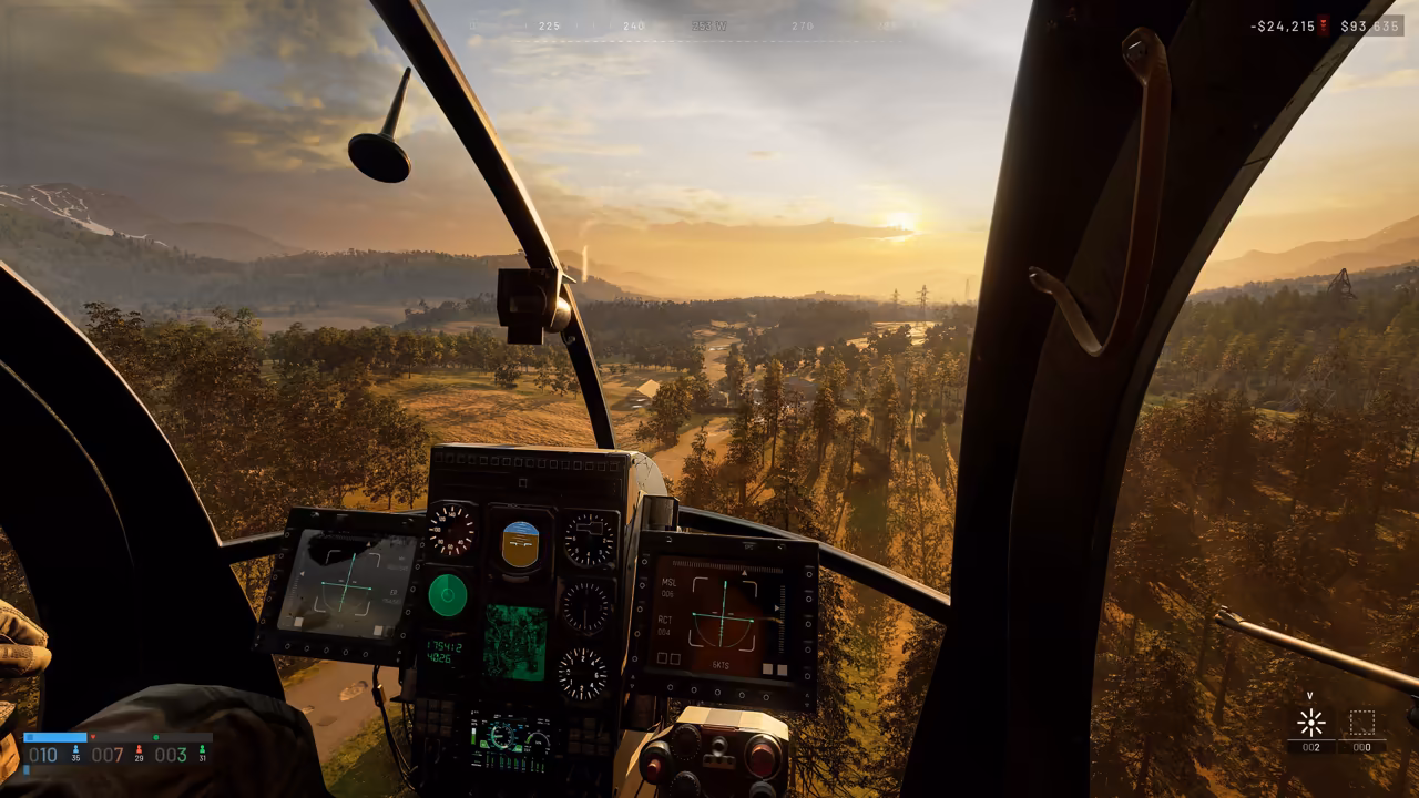 First-person view through a helicopter canopy: instrument panel with two screens and round gauges, a valley of trees, fields and a river below and a low sun; the top right reads -$24,215 and $93,635, and the bottom left shows three team scores.