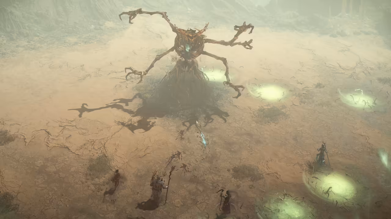 Top-down view of a dusty plain. A huge creature made of twisted wood and bone with four long arms ending in claws stands over small figures; several circles of green light mark the ground.