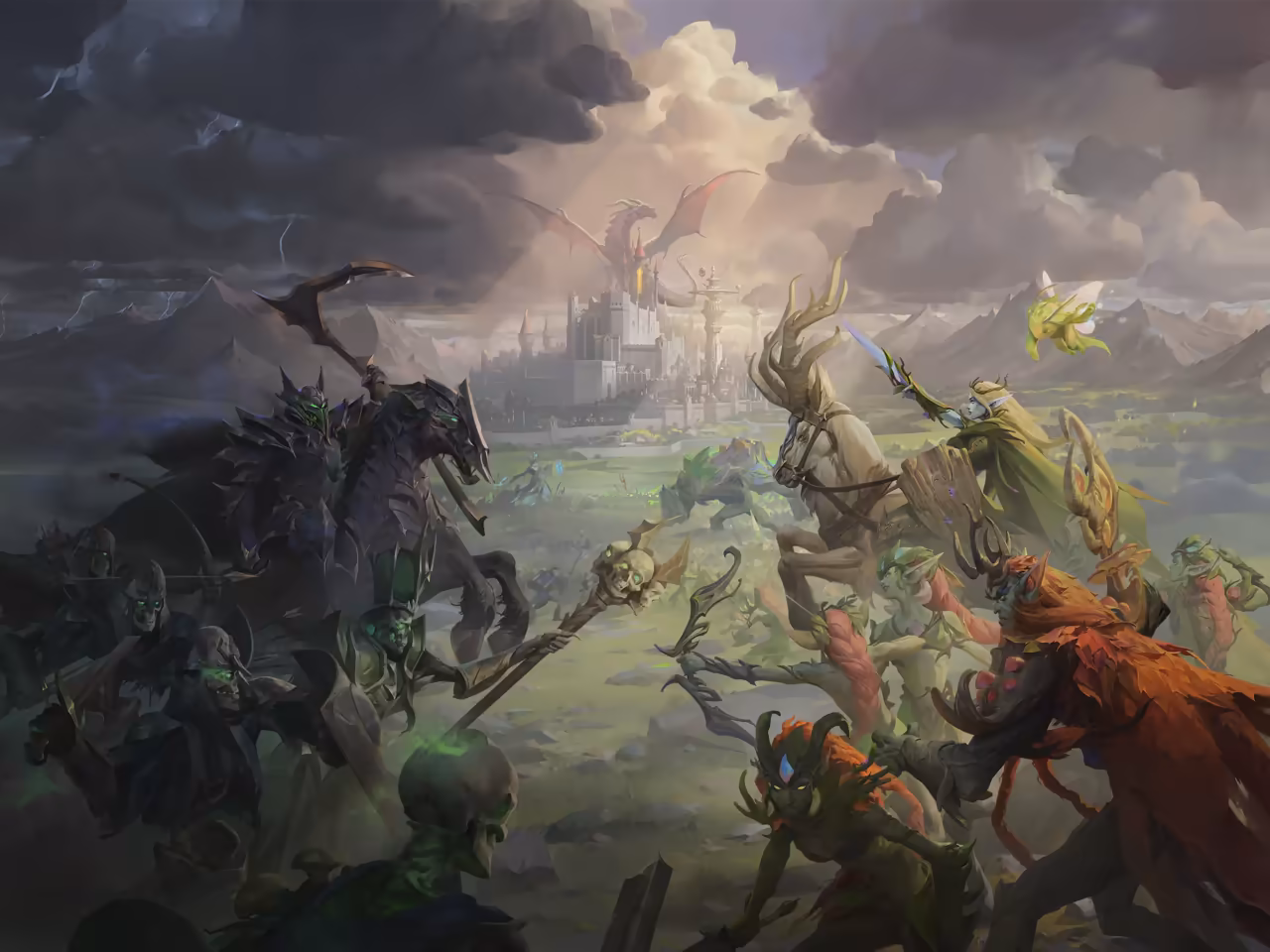 Painted art split by color: on the left, under storm clouds and lightning, skeletons with glowing green eyes and a dark rider with a scythe charge. On the right, in sunlight, a blonde elf on a white stag, dryads and leafy warriors meet them. In the background a white castle stands on a green plain with a red dragon in the sky.