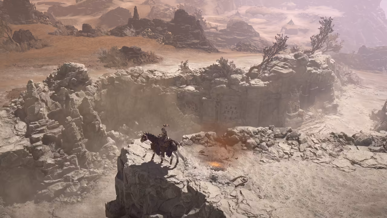 A horse and rider pause on a pale rock outcrop. Below and beyond, a wide dusty plain with stone spires, dry bushes and a distant tent fades into haze.