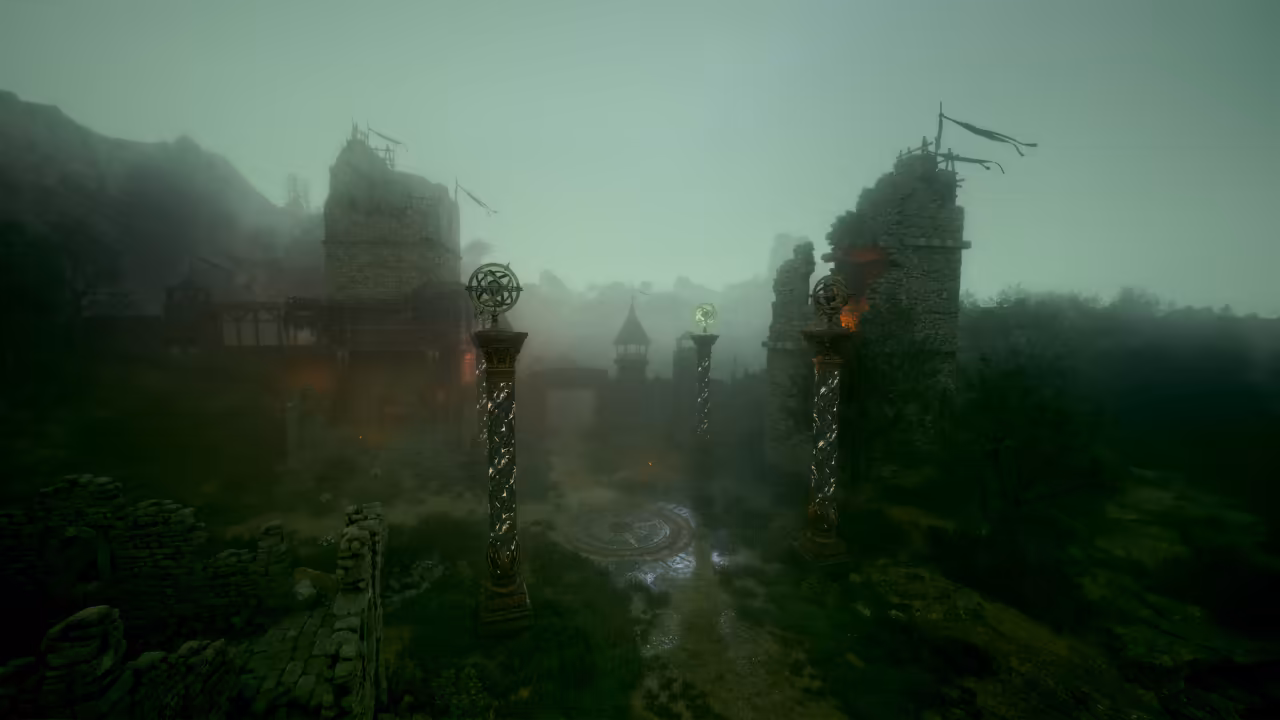 A greenish fog over a ruined stronghold. Low stone walls fill the left foreground. Two tall towers, one with faint red light in its broken windows, stand behind three ornate spiral pillars of dark metal, each crowned with a ring-shaped sphere, one glowing green. A round carved disc is set into the wet ground between them, and a small pointed tower and dark woods stand in the distance. No game interface is shown.