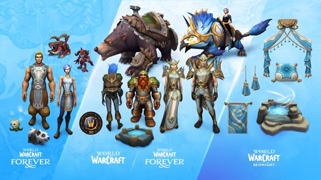 On a pale blue map background split into angled panels: a man and an elf woman in matching gray and blue outfits with four small pets under the Forever logo; an armored brown bear mount, a blue feathered mount with a rider, a figure with a backpack, a dwarf in green and bronze armor, two elves in white and gold armor, a glowing stone well and a 30-day Game Time token under the World of Warcraft and Forever logos; and a blue and white canopy, cushion, banner, hanging tassels and a stone fountain under the Midnight logo.