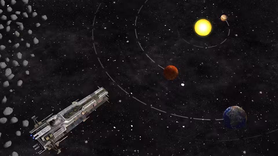 Space scene of a gray segmented ship crossing the frame in front of a yellow sun, a red planet, a blue planet and dashed orbit lines, with asteroids at upper left.