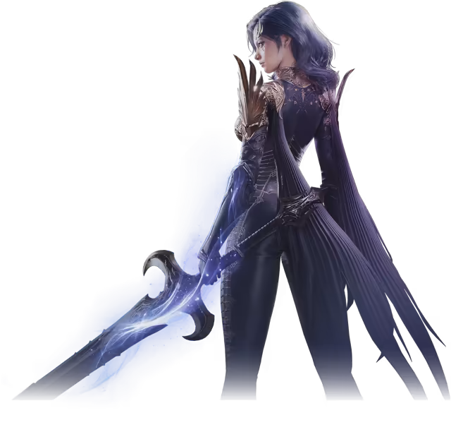 Seen from behind, a woman with wavy dark purple hair and a gold circlet, in a close-fitting black and gold suit with a long pleated violet cape and bronze shoulder spikes, glances to the left while holding a long curved sword whose blade glows with blue light, on an empty background.