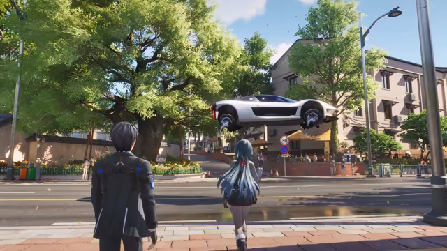 Seen from behind, a dark-haired young man in a black jacket with a harness and a girl with long blue hair and a red bow stand on a brick sidewalk; the girl waves at a white sports car floating above the road, blue-white jets streaming from its flattened wheels. Large green trees, a 30 speed-limit sign, cafe umbrellas and a beige apartment building fill the background, and no game interface is shown.