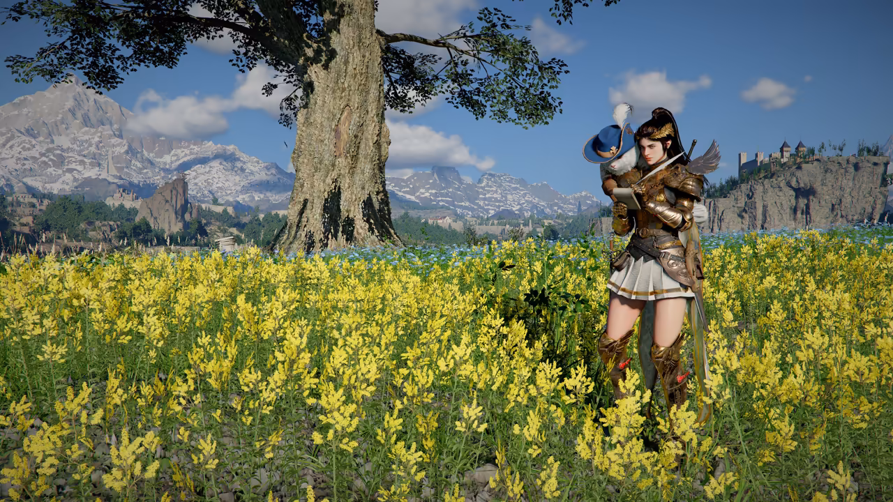 A woman with long dark hair in a ponytail, a gold helmet with small wings, bronze armor and a white pleated skirt stands in waist-high yellow flowers, looking at a small book in her hands. A white cat wearing a blue hat with a white plume rests on her back and shoulders. A big tree, snowy mountains and a castle on a cliff fill the background.