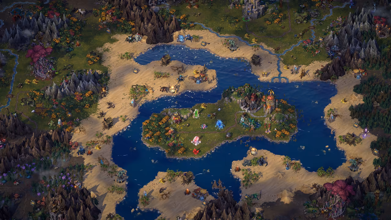 A bird's eye view of a large map. A winding dark blue lake encircles a green island holding a town with red domes and towers. Pale sand beaches line the water, and beyond them lie forests, gray mountain clusters, pink trees and many small buildings and treasures.