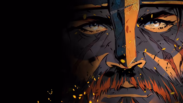 Comic-style close-up of a Viking's face filling the right of the frame: a helmet with a nose guard, piercing eyes, scars across the cheeks, a red mustache and beard, and glowing embers drifting across a black background at left.