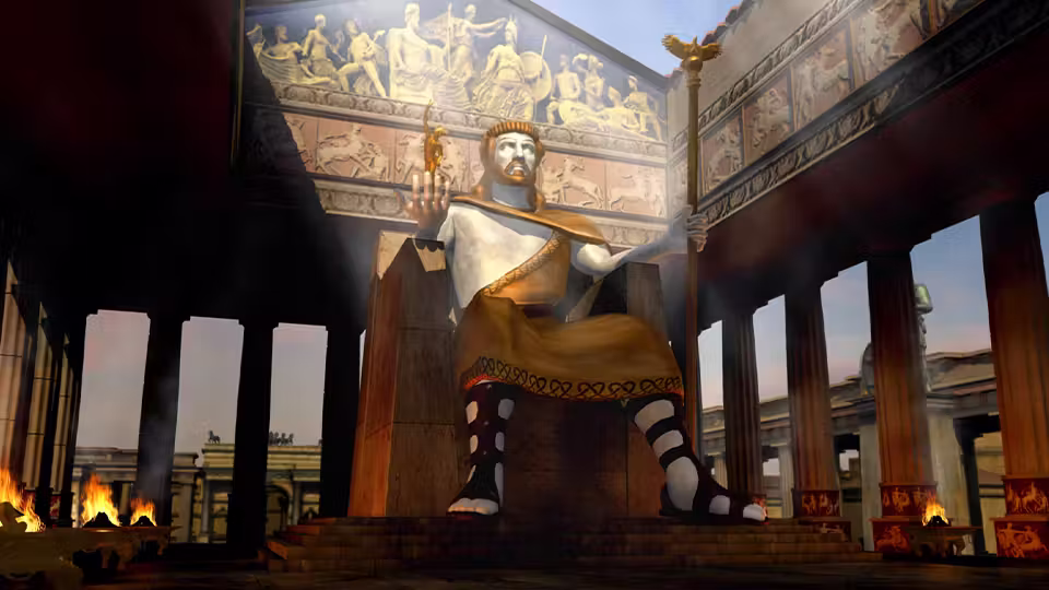 Rendered interior of a temple: a huge seated figure with a gold robe and a scepter, a carved frieze above, columns on each side and fires burning in front.