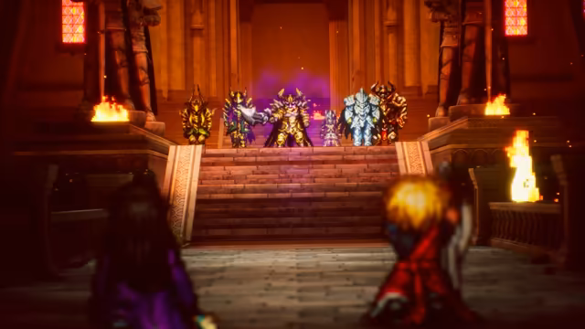 A pixel-art throne hall with red banners and burning braziers: six large armored figures line the top of a wide stair while two figures seen from behind, one with blond hair, stand at the bottom.