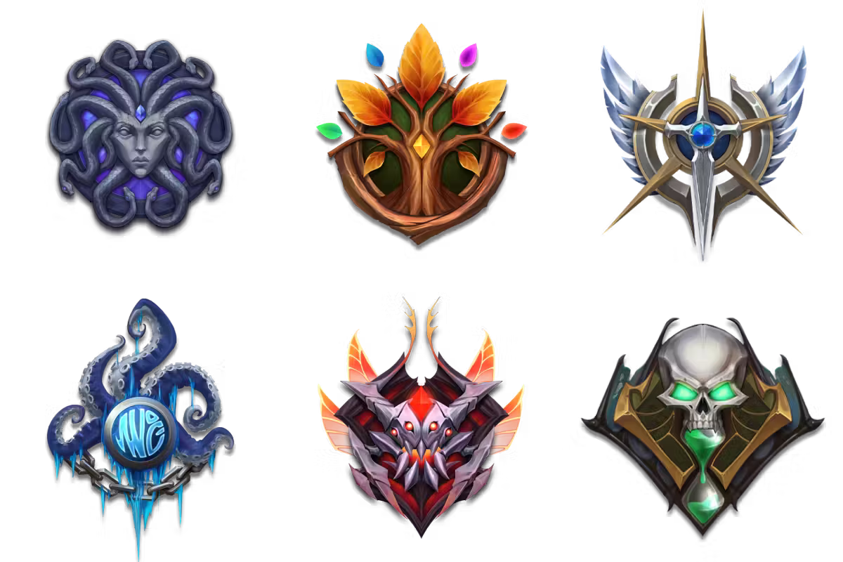 Six ornate emblems on a black background in two rows of three. The top row holds a gray stone face with snake hair, a golden-leaved tree in a wooden ring and a silver winged star. The bottom row holds dark blue tentacles around a glowing disk with icicles and chains, a red and silver insect mask with orange wings, and a white skull with green eyes above a green hourglass.