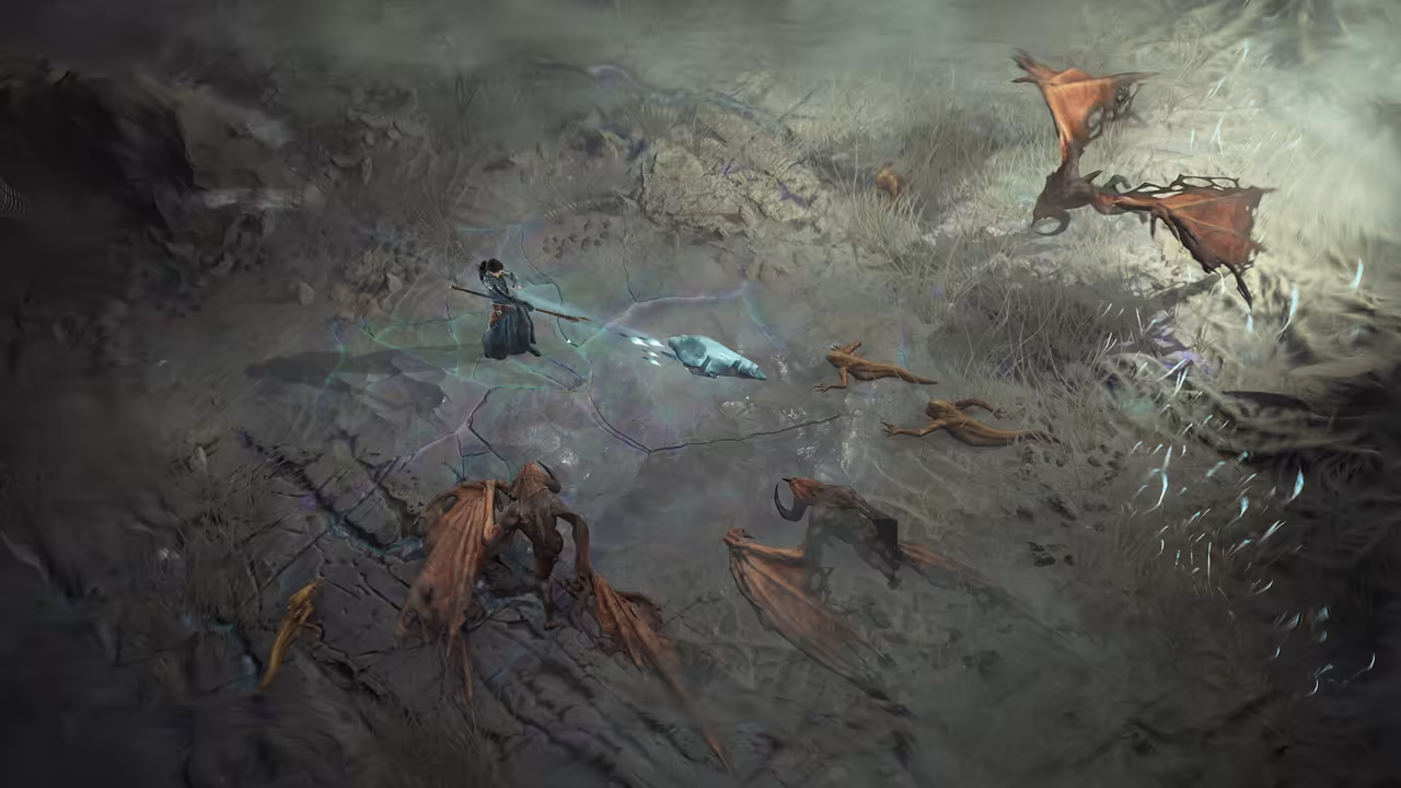 Top-down view of washed-out gray grassland. A robed figure with a staff sends a pale blue projectile at small orange lizard creatures, while large bat-winged demons flap at right and below.