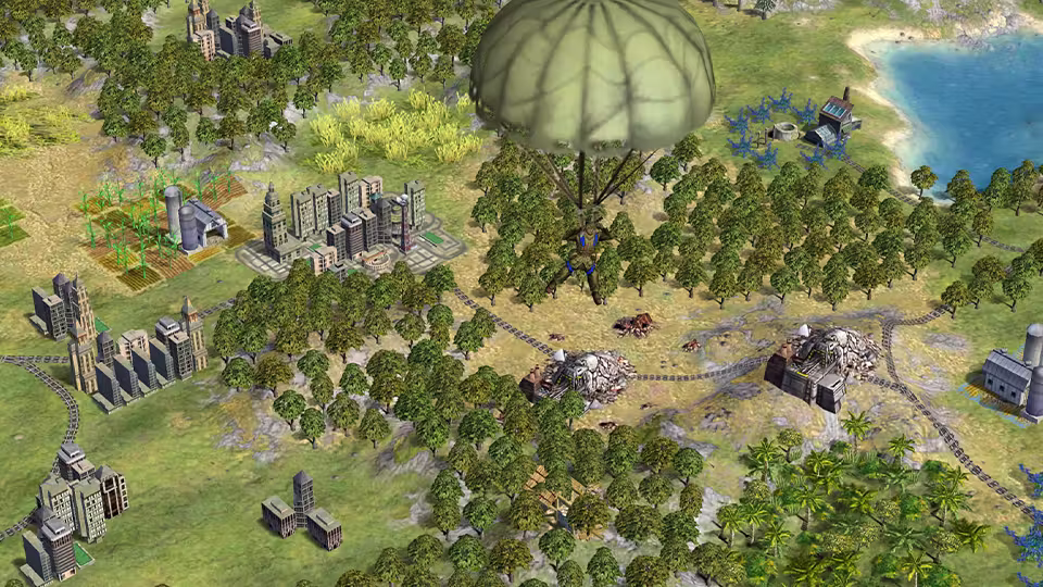 3D map of a countryside of high-rise buildings, farms, rail lines and trees, with a large green parachute carrying a soldier at the center.