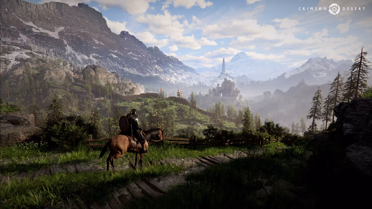 Seen from behind, a rider on a brown horse stands by a wooden fence on a grassy hillside path with pine trees at right. Below spreads a wide green valley with rocky hills, a walled castle on a rise and a needle-like spire beyond it, under a blue sky with white clouds and snow-streaked mountains on the horizon.