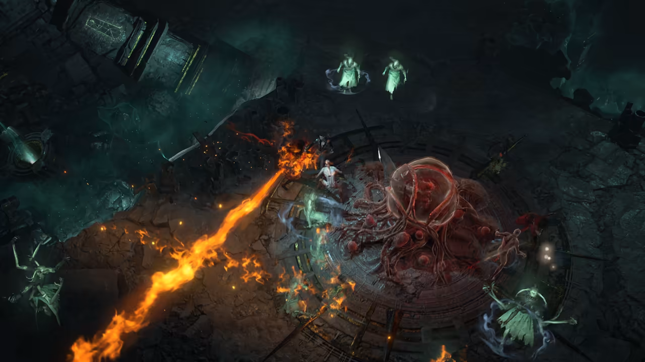 Top-down view of a dark teal dungeon. A bright orange fire beam runs from lower left to a heap of red tissue with bulbous growths on a circular platform; translucent green figures hover at the edges.