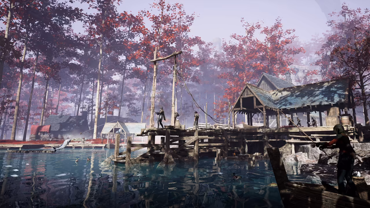 A calm turquoise lake edged by wooden piers and stilted huts with blue shingle roofs, in a forest of tall trees with bright red leaves under a pale purple sky. Several figures stand on the docks with fishing lines and nets, and in the right foreground a hooded figure in a small wooden boat holds a fishing rod over the water. At left a large silver fish leaps clear of the lake, and ducks float near the piers. No game interface is shown.