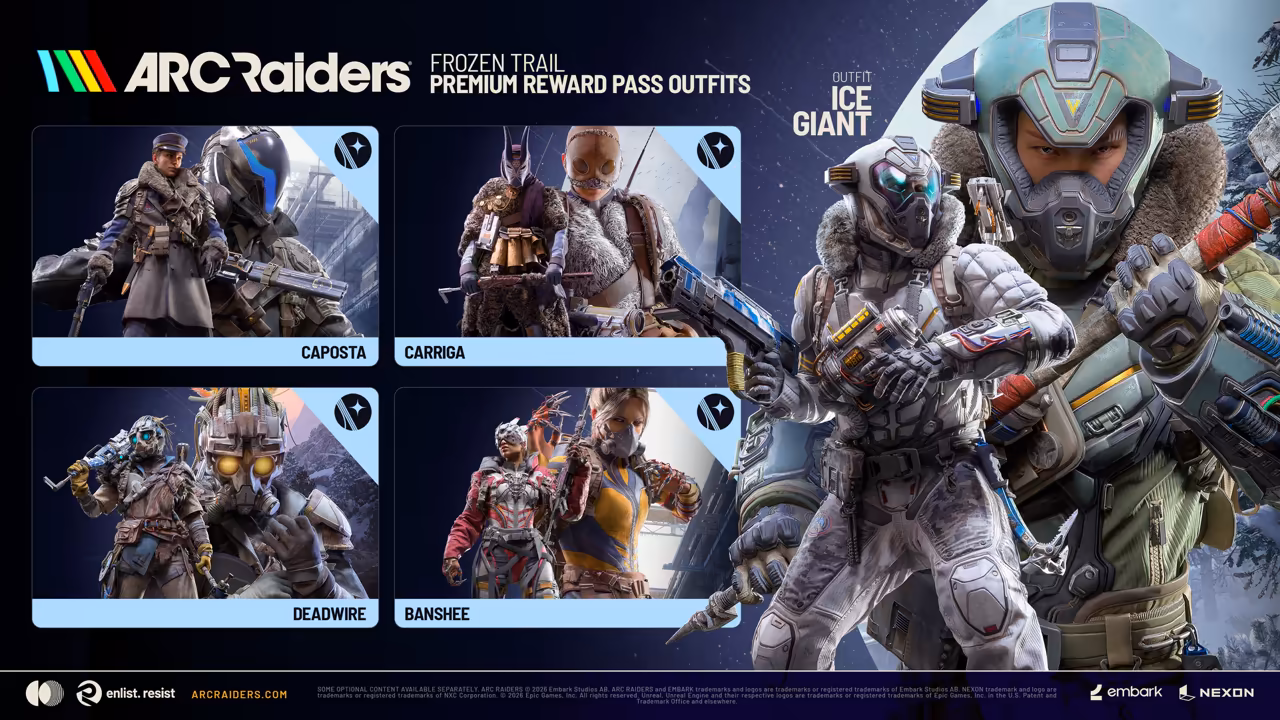 A poster with four outfit tiles at left and a Raider in heavy white and blue winter armor at right.