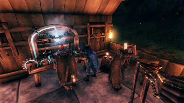Screenshot of two Vikings inside a wooden workshop at night, hammering at a forge surrounded by a glowing grinding wheel, a chained cooler frame, a wall rack of tools and an anvil
