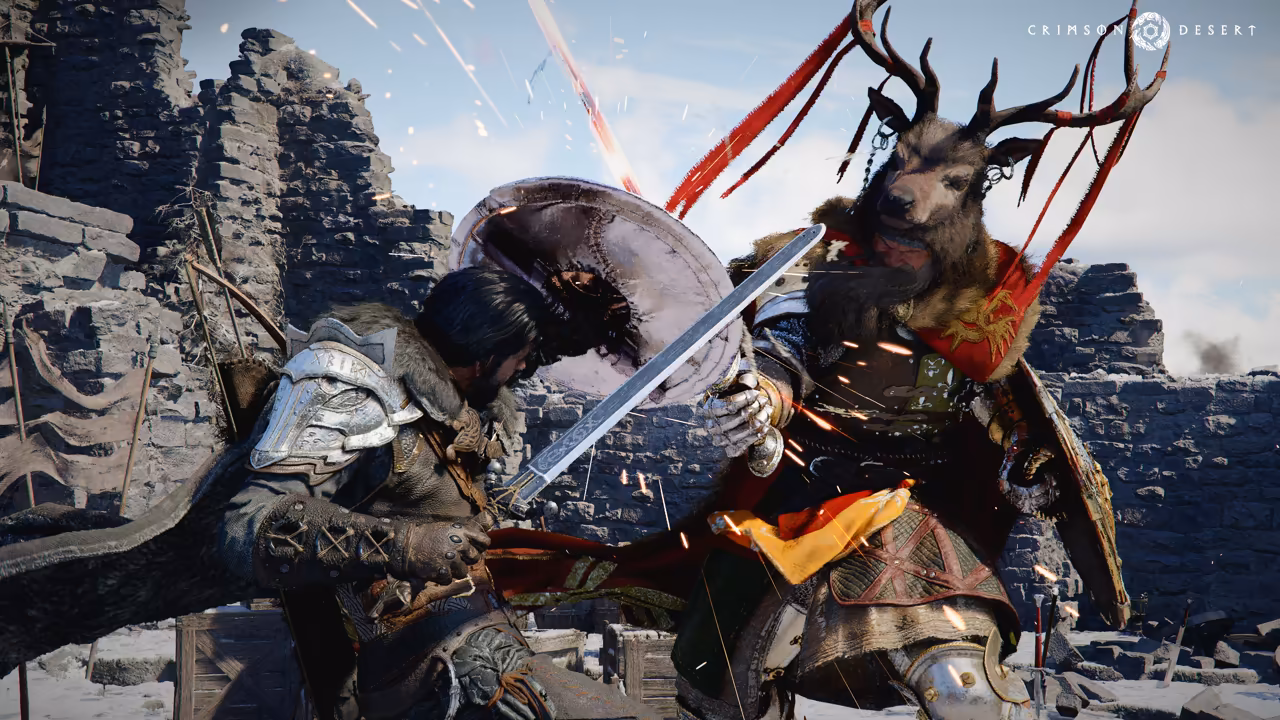 Close combat among crumbling gray stone walls dusted with snow. At left a man in steel shoulder plates and fur, a round shield on his back, braces his sword against an attacker. At right a large armored warrior with the head and branching antlers of a stag, wrapped in a red sash with a gold emblem, pushes forward behind a round shield. Red ribbons hang from the antlers and sparks fly.