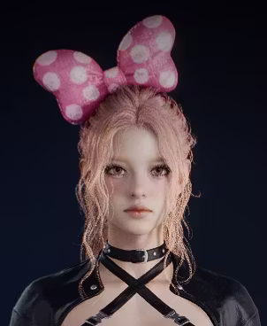 Head-and-shoulders portrait of a young woman with wavy strawberry-blonde hair wearing a large glossy pink bow with white polka dots on top of her head, a black buckled choker and crossed black straps, against a dark blue background.