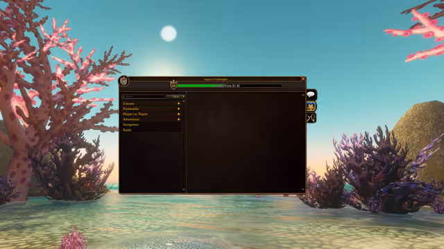 A dark game window titled Legacy Challenges floats over a sunny shallow sea with pink and purple coral trees and a sandy rock. A progress bar reads Legacy Points 30 / 65 beside a crowned shield badge showing 30, and a list on the left offers Classes, Tradeskills, Player vs. Player, Adventure, Dungeons and Raids, with a search box and filter above and three tab icons along the right edge.