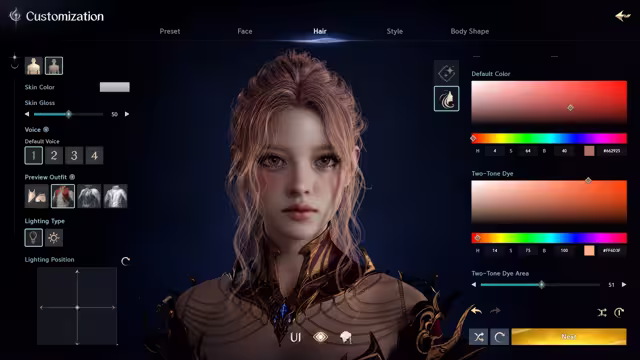 A character creator interface titled Customization with tabs for Preset, Face, Hair, Style and Body Shape; a young woman with wavy pink-blonde hair is shown in the center, with sliders for skin color, skin gloss, four voice choices, preview outfits and lighting on the left, and color gradients for a default hair color and a two-tone dye with a dye-area slider on the right.