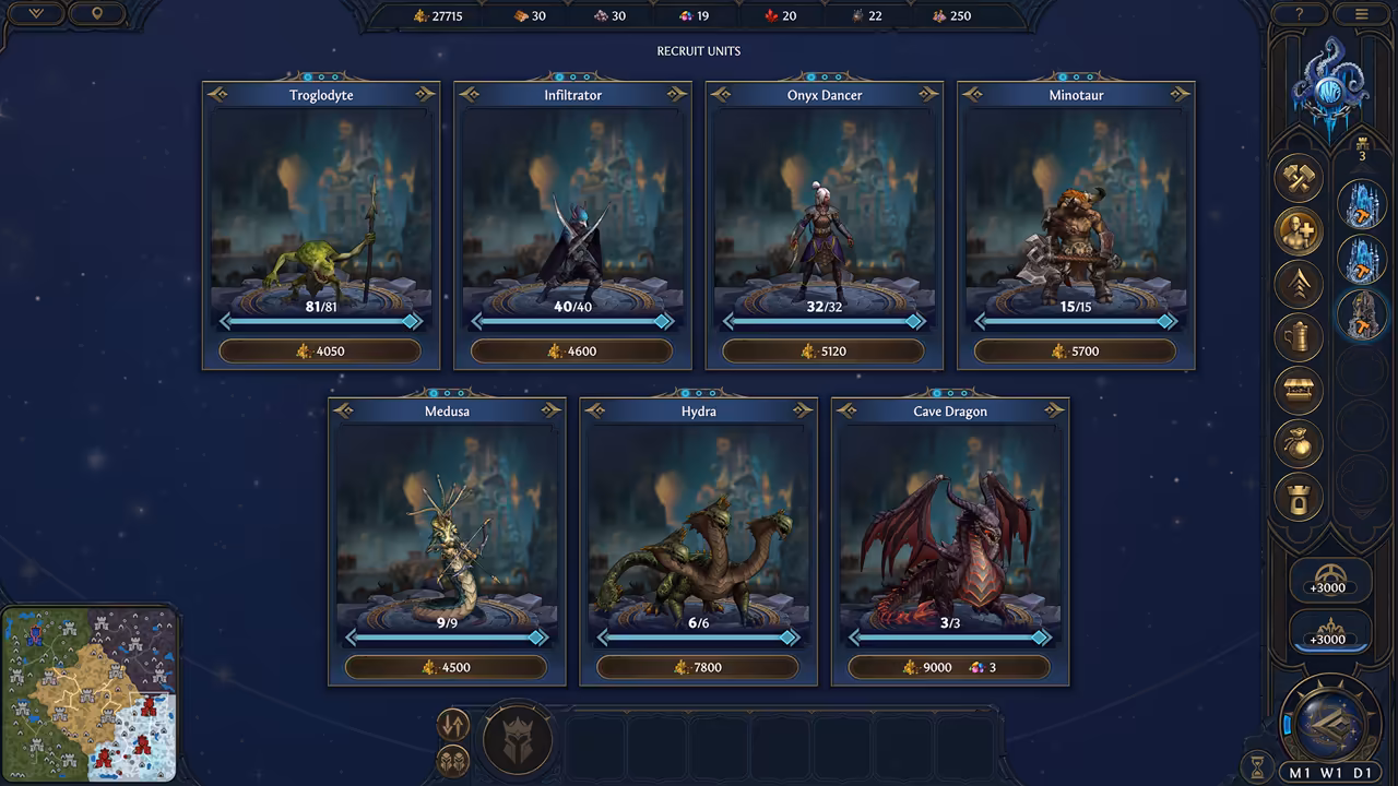 Seven blue-framed cards on a starry background, four in the top row and three below. Each shows a creature on a round pedestal before a cave city: a green troglodyte with a spear, a dark elf with blades, a dancer, a horned minotaur, a snake-bodied archer, a three-headed hydra and a red and black dragon. Under each are the units available and a gold price.