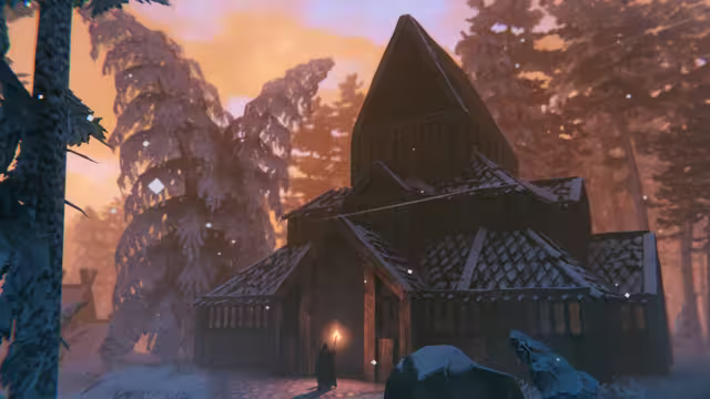 Screenshot of a large wooden hall with tiered shingled roofs and a tall steeple among snow-laden fir trees, a torch-bearing figure at its door