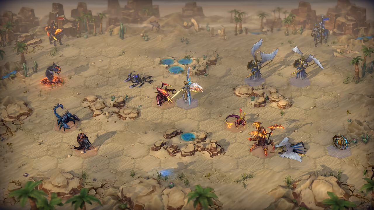 A desert battlefield of sand hexagons with palms, cacti, rocks and small blue pools. On the left, black and red insectoid creatures, a scorpion and a creature in a lava patch; on the right, tall winged figures with spears and shields and a golden orb creature. A winged warrior strikes an insect near the center, and mounted heroes stand at the top corners.