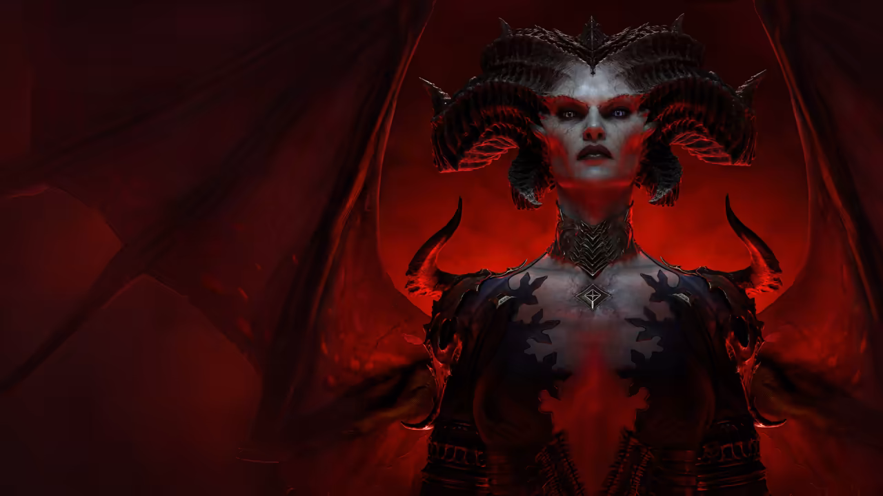 Portrait of a horned woman from the chest up, centered. Thick dark horns curl back from her head, her skin is gray-white with red shading around the eyes, a spiked collar circles her neck, and dark leathery wings veined in red fill the background.