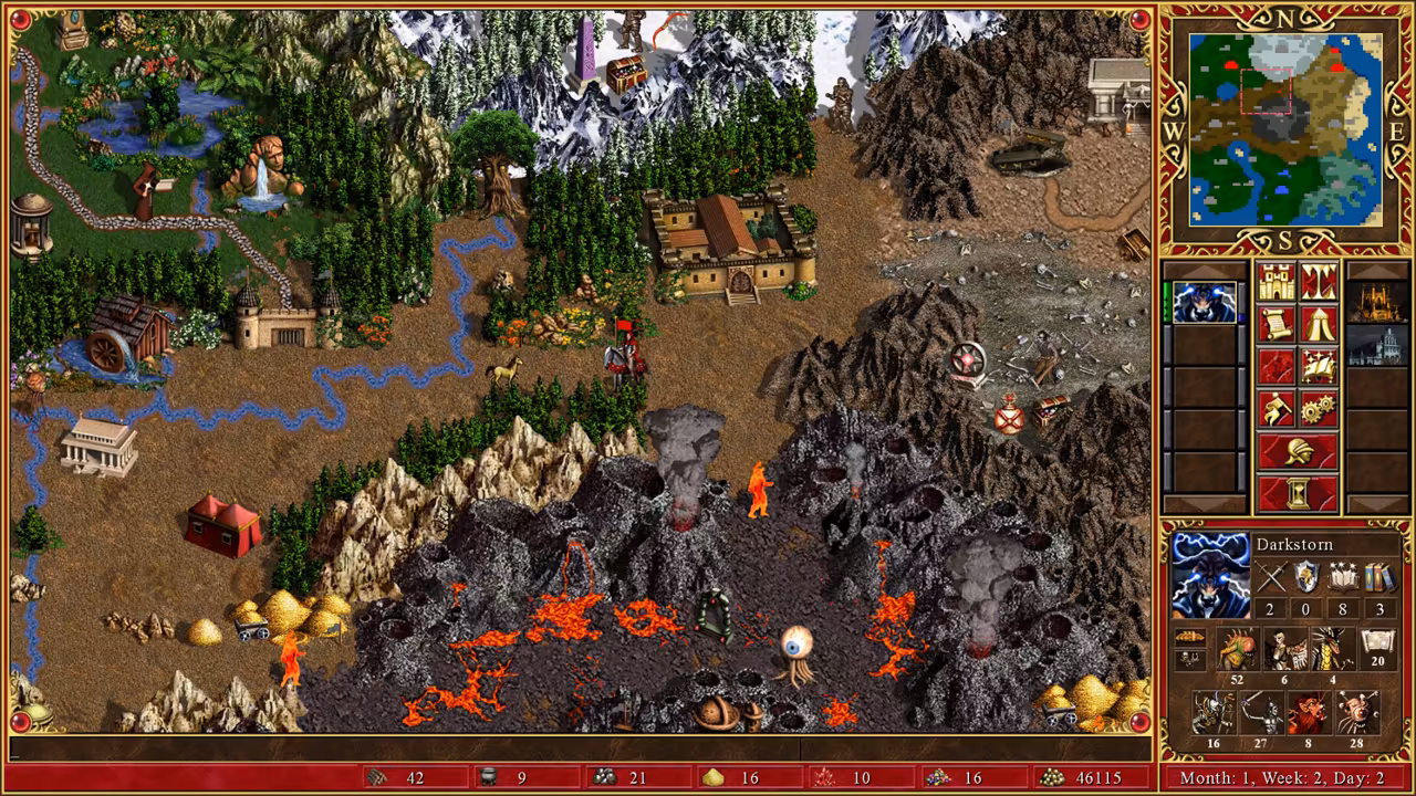 A top-down map. The upper left is forest and rivers with a water mill and a big tree, the right is gray rock, and the bottom is black volcanic ground with smoking cones and red lava, with piles of gold and other resources. A minimap and hero panel sit at right.