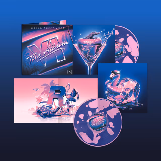 On a blue background: a gatefold record sleeve with the album's chrome and neon title on a car's side window, a sleeve showing a small alligator in an inner tube splashing in a martini glass, another showing a flamingo pool float frozen in a block of ice, a pink fold-out with the Rockstar logo between an alligator and a flamingo, and two clear records filled with swirls of pink and purple liquid.
