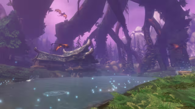 Under a purple sky, enormous dark tree trunks arch and cross above a pale blue pool dotted with glowing blue specks. A wooden building with sweeping silver-edged roofs stands on the far bank, three small orange winged dragons fly between the trunks, and snowy slopes show through the haze.