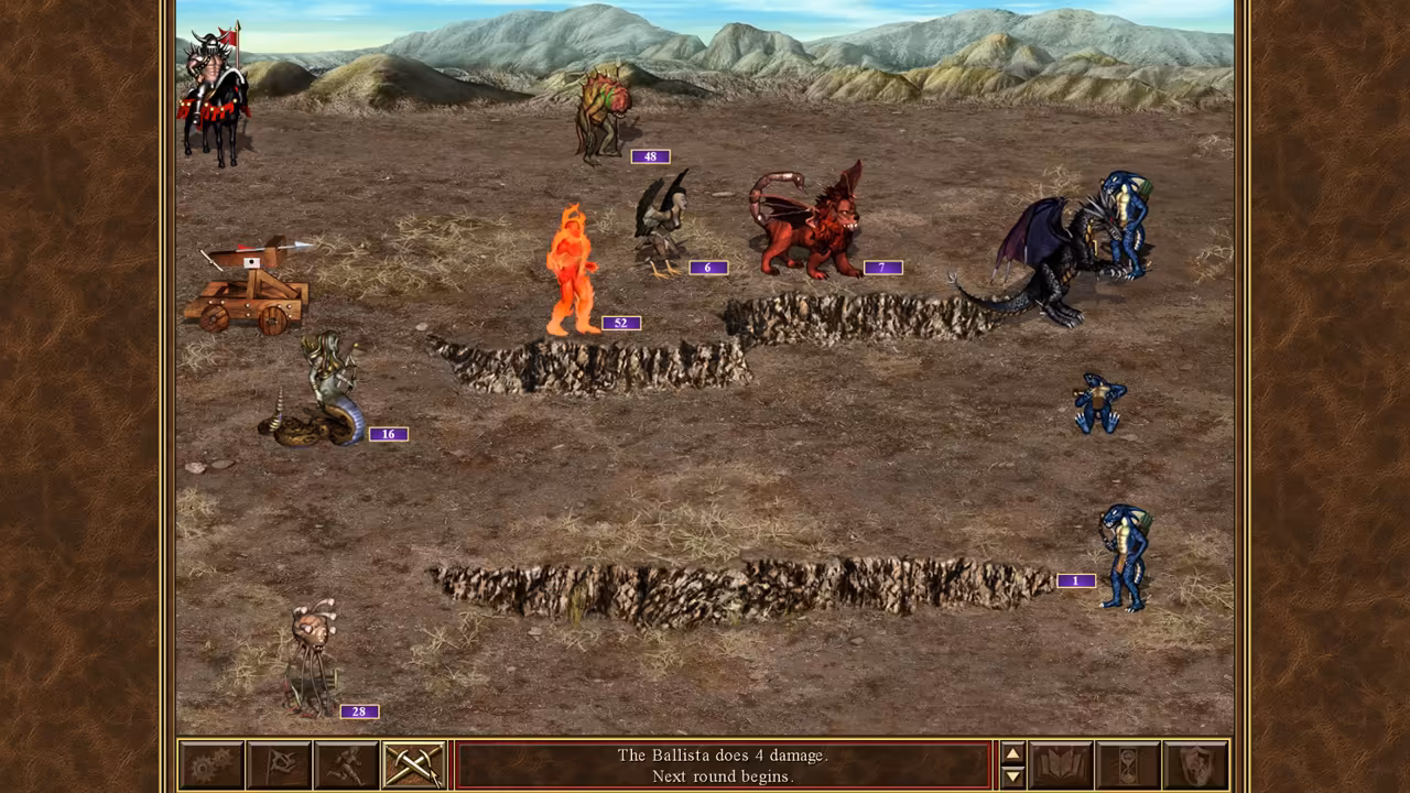 A battlefield of dry brown earth below hills. Creature stacks stand on both sides with small numbered tags: a ballista at left, a woman with a snake's tail, a burning orange figure, a red lion with bat wings and a scorpion tail, and a black dragon. Two long cracks cross the ground. The message bar reads The Ballista does 4 damage. Next round begins.