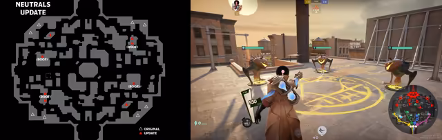 Left, a gray top-down map marked Neutrals Update with white and red triangles and several labeled Roof; right, a game view of a hero in a long coat with an hourglass on their back facing three hunched creatures with pumpkin-like heads on a rooftop circle, a minimap in the corner.