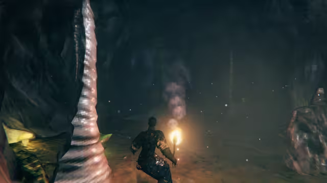 A crouching Viking holding a torch enters a dark cavern past a tall pale stalagmite; a yellow mushroom glows on the rocks at left and the dim, hunched back of a huge blue troll looms in the gloom ahead.