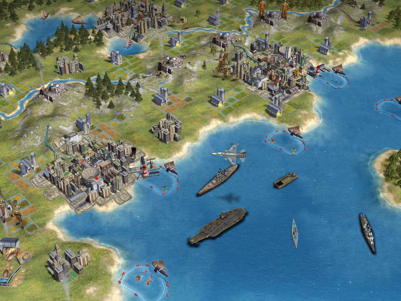3D map of a blue bay with an aircraft carrier, several gray warships, a landing craft and a jet in flight, and cities, farms and forests along the shores.
