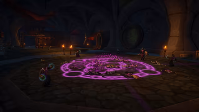 On a cobbled floor, a large glowing purple circle of runes holds a heap of fallen bodies and skeletons, while figures in dark robes stand around it with swirling green magic in their hands. Torches, a wooden building with a ladder and round openings in the curved stone walls line the chamber behind them.