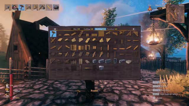 Screenshot of Valheim's hammer build menu overlaid on a Plains base, showing a grid of wooden and stone building piece icons under four tabs