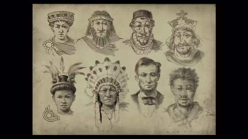 Sepia sheet of eight drawn portraits in two rows: men and a woman in crowns, turbans, a feathered headdress and a high collar, drawn in pencil on aged paper.