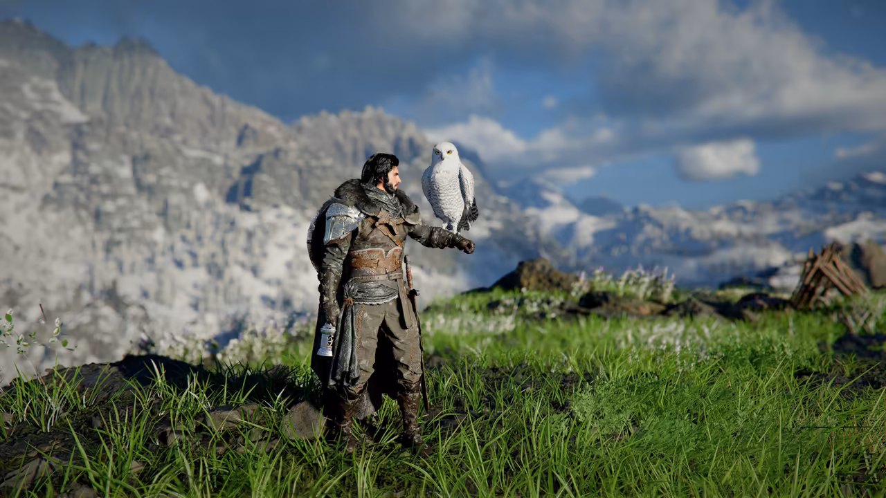 A man with dark hair and a beard, in armor with a fur collar and a long coat, stands on a grassy hilltop with a snowy owl perched on his raised left glove. White wildflowers grow around him, and a broken wooden frame stands at right before gray, snow-streaked mountains.