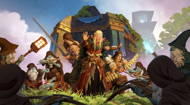 Painted artwork of small gray-bearded Dvergr in hoods holding lanterns and glowing staves, surrounding a group of Vikings in front of a stone tower.