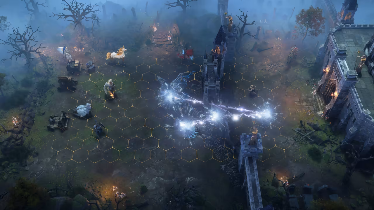 A dark, misty 3D battlefield with bare trees. At left catapults, a white unicorn and soldiers stand on hexes outlined in gold. Bright blue and white lightning arcs across the middle toward stone towers and a castle wall at right.