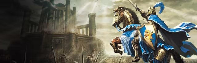 Painted art in muted greens and browns. At right a knight in golden armor with a blue plume and a flowing blue cloak rides a rearing horse, holding a lance and a shield with a golden griffin. At left a tall ruined castle stands in haze above a crowd of soldiers with spears.